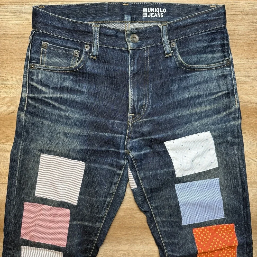 UNIQLO Selvedge Jeans Men 29x29 Blue Slim Fit Straight Leg Patchwork Unique Dark